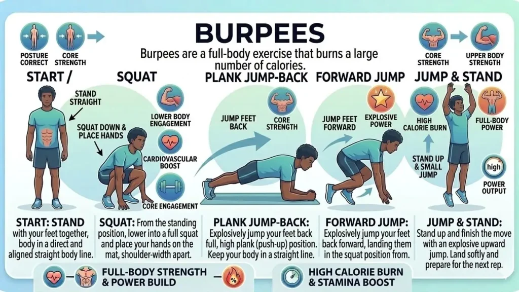 Burpees are a full-body exercise that burns a large number of calories.
