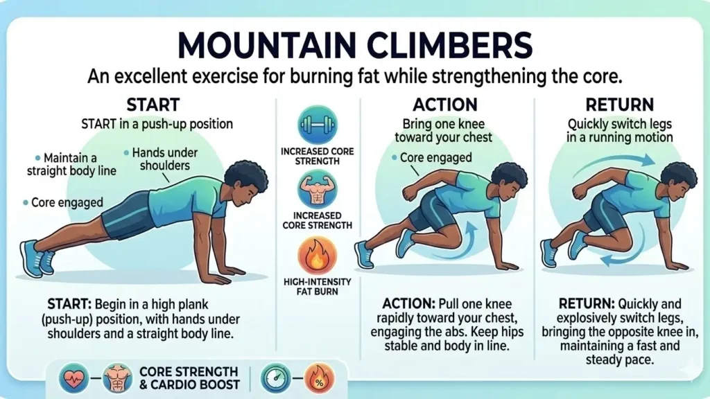 Mountain climbers are excellent for burning fat while strengthening the core. 20 Minute Fat Burning Workout